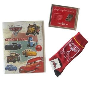 Disney Pixar Cars mixed lot NEW piston cup socks, sticker book + collectible pin